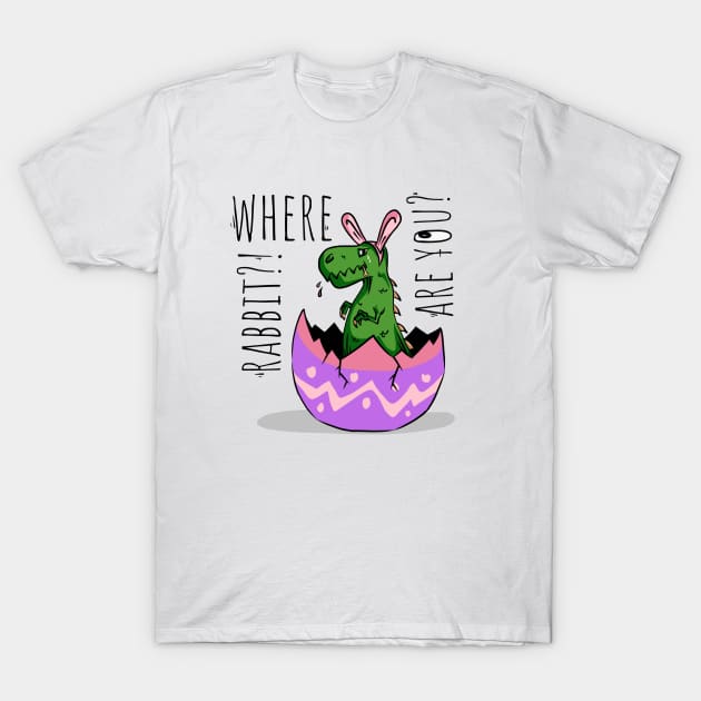 Little cute green dinosaur with rabbit ears looking for rabbit before easter holiday cry  t-shirt T-Shirt by MIWDesign